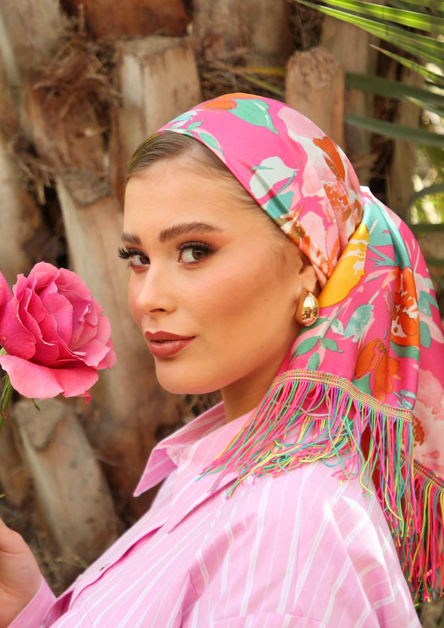 Pink  Printed spring Headscarf with or without colored fringes