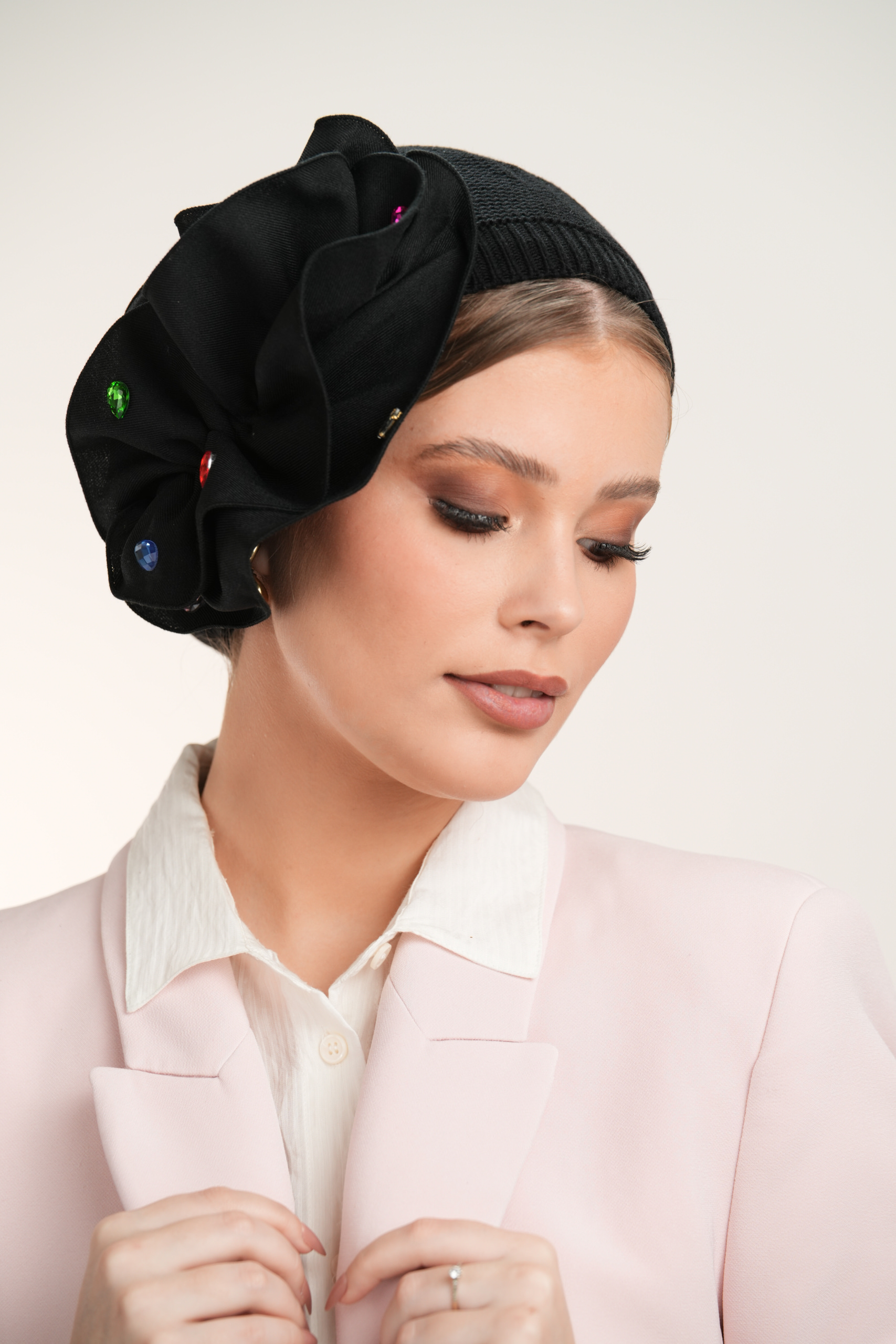 Black Beret with black flower and diamonds