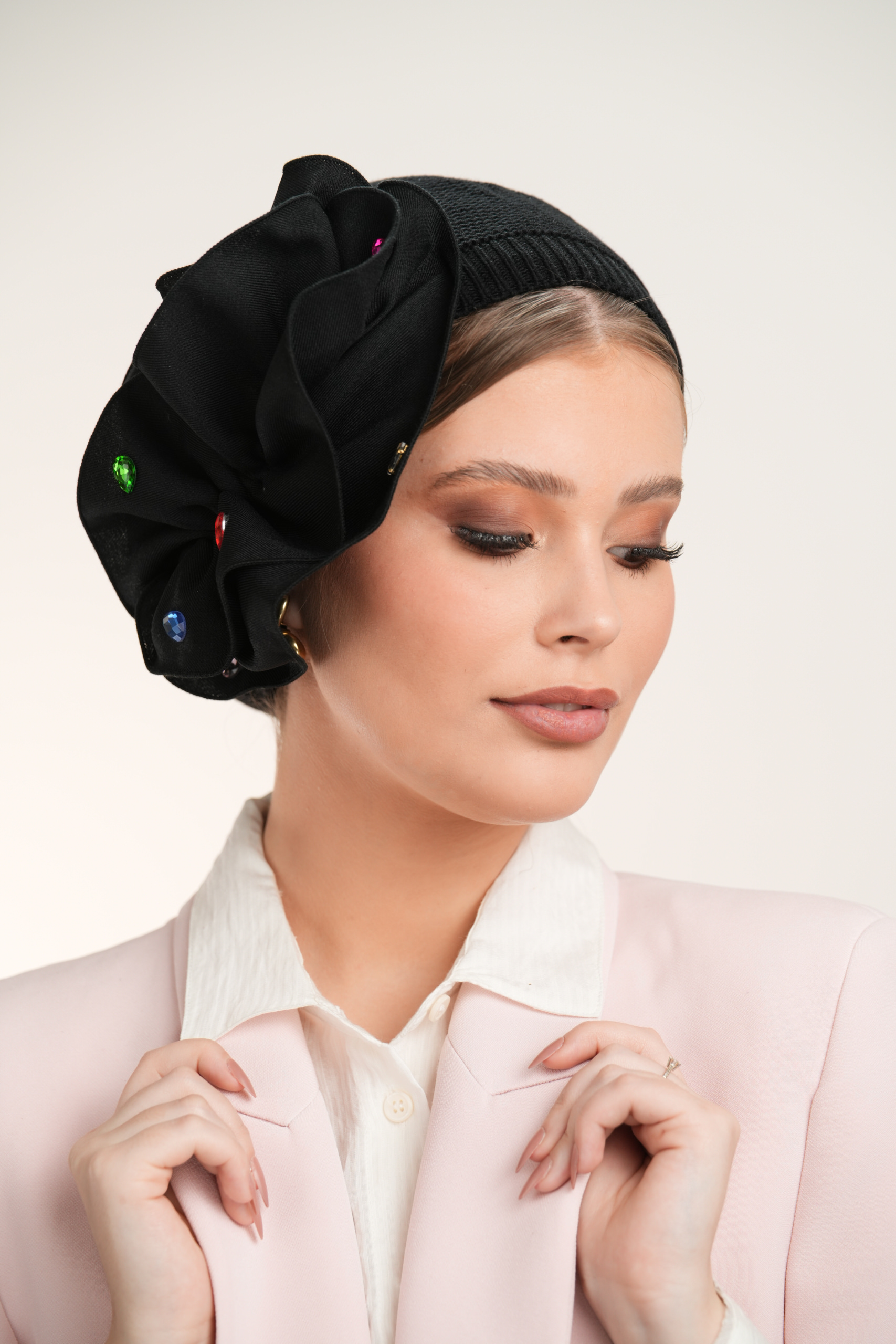 Black Beret with black flower and diamonds