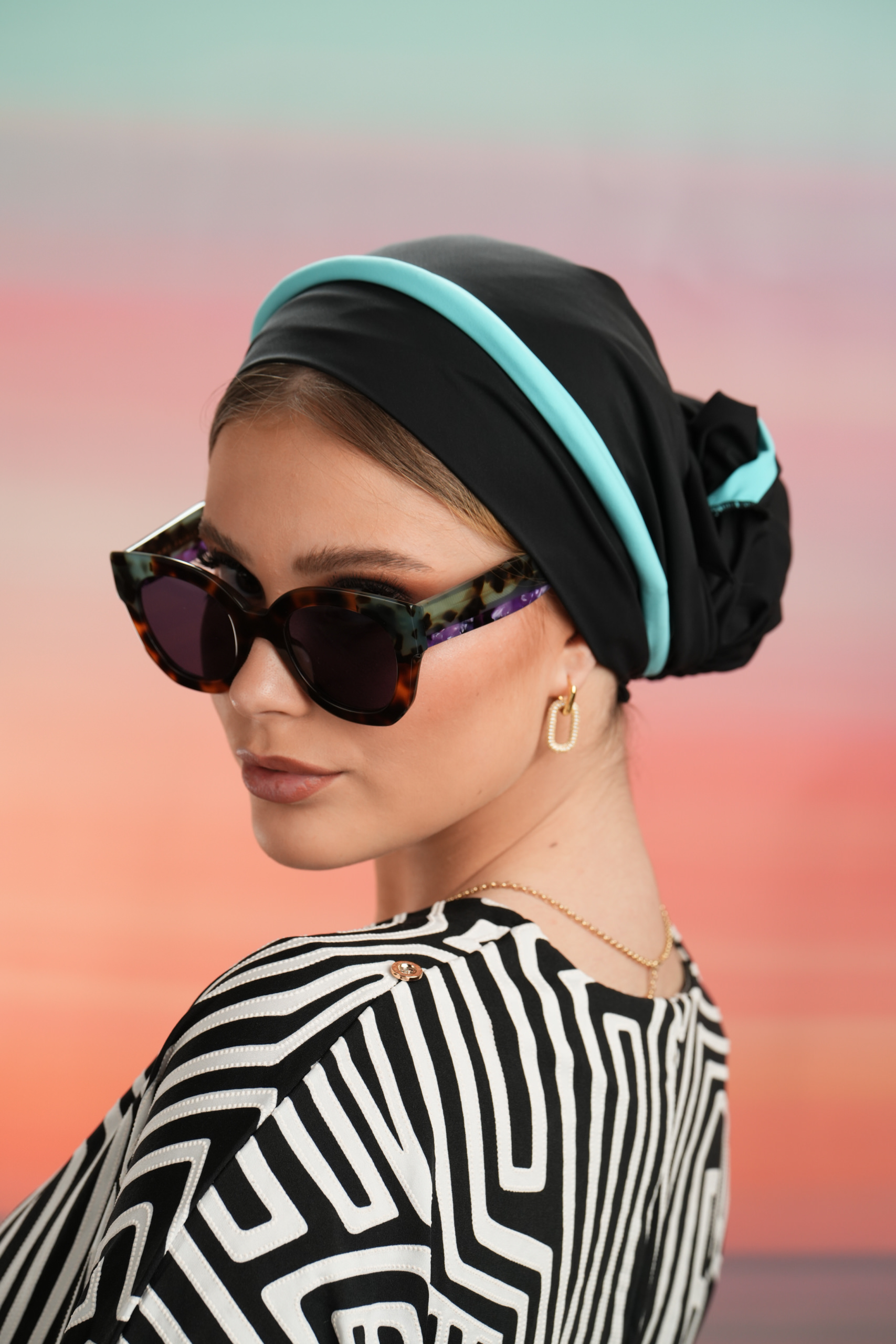 Beach Headscarf with black base & blue turquoise headband