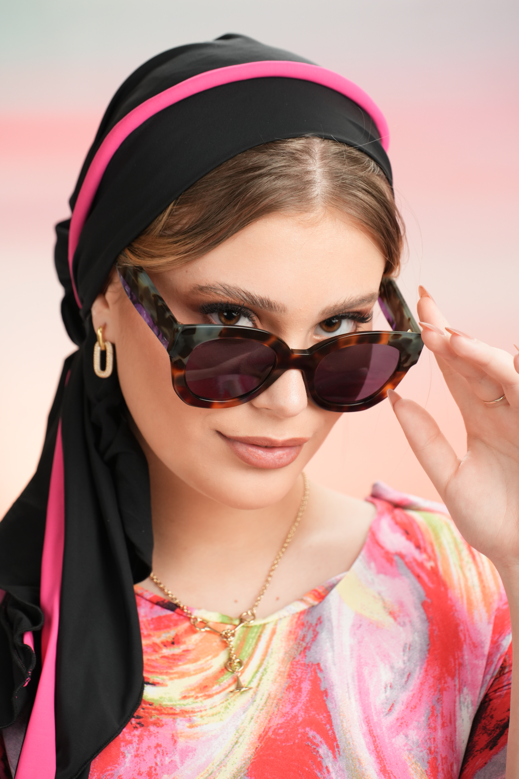 Beach Headscarf with black base & pink fuchsia headband