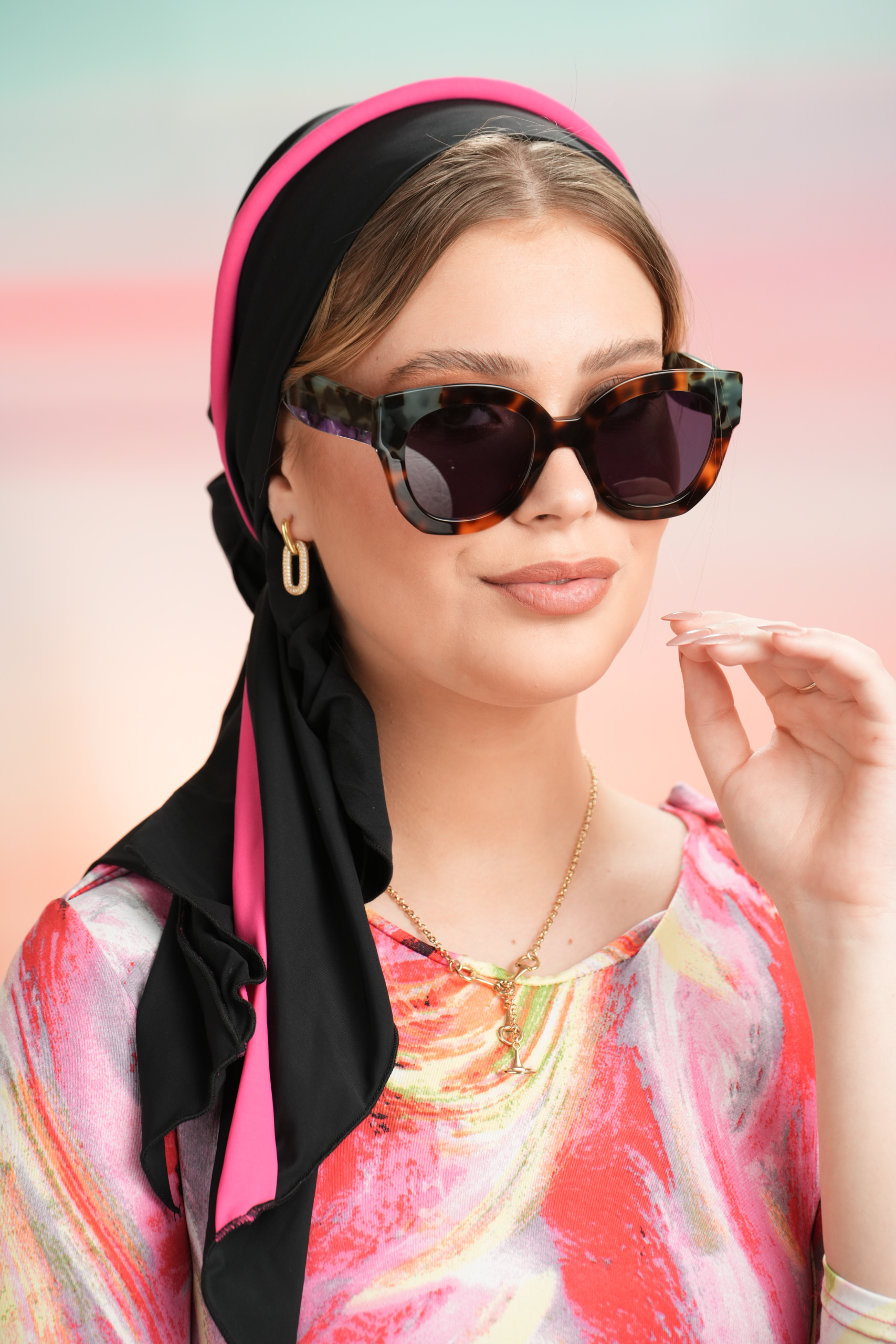 Beach Headscarf with black base & pink fuchsia headband