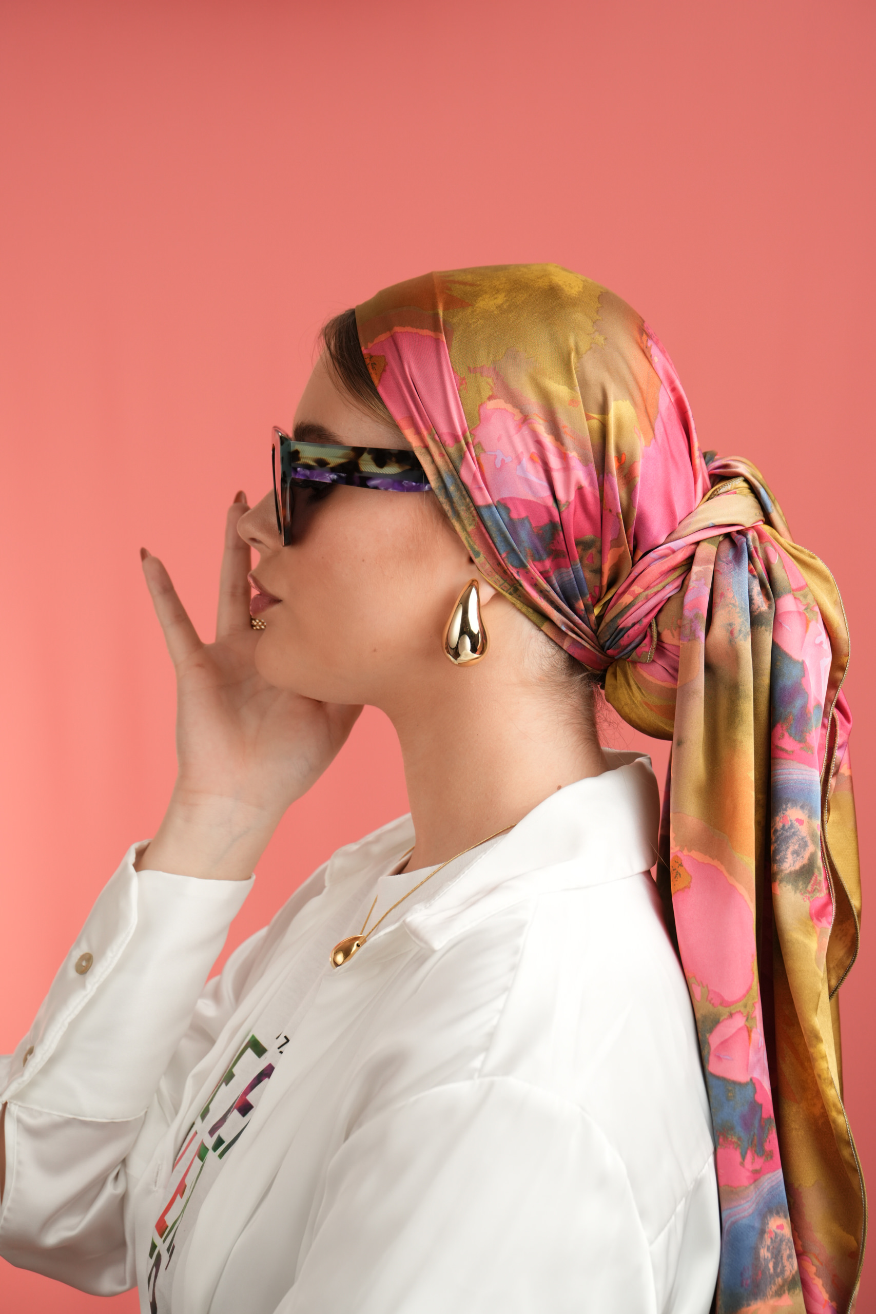 Long Printed Headscarf Khaki and Pink