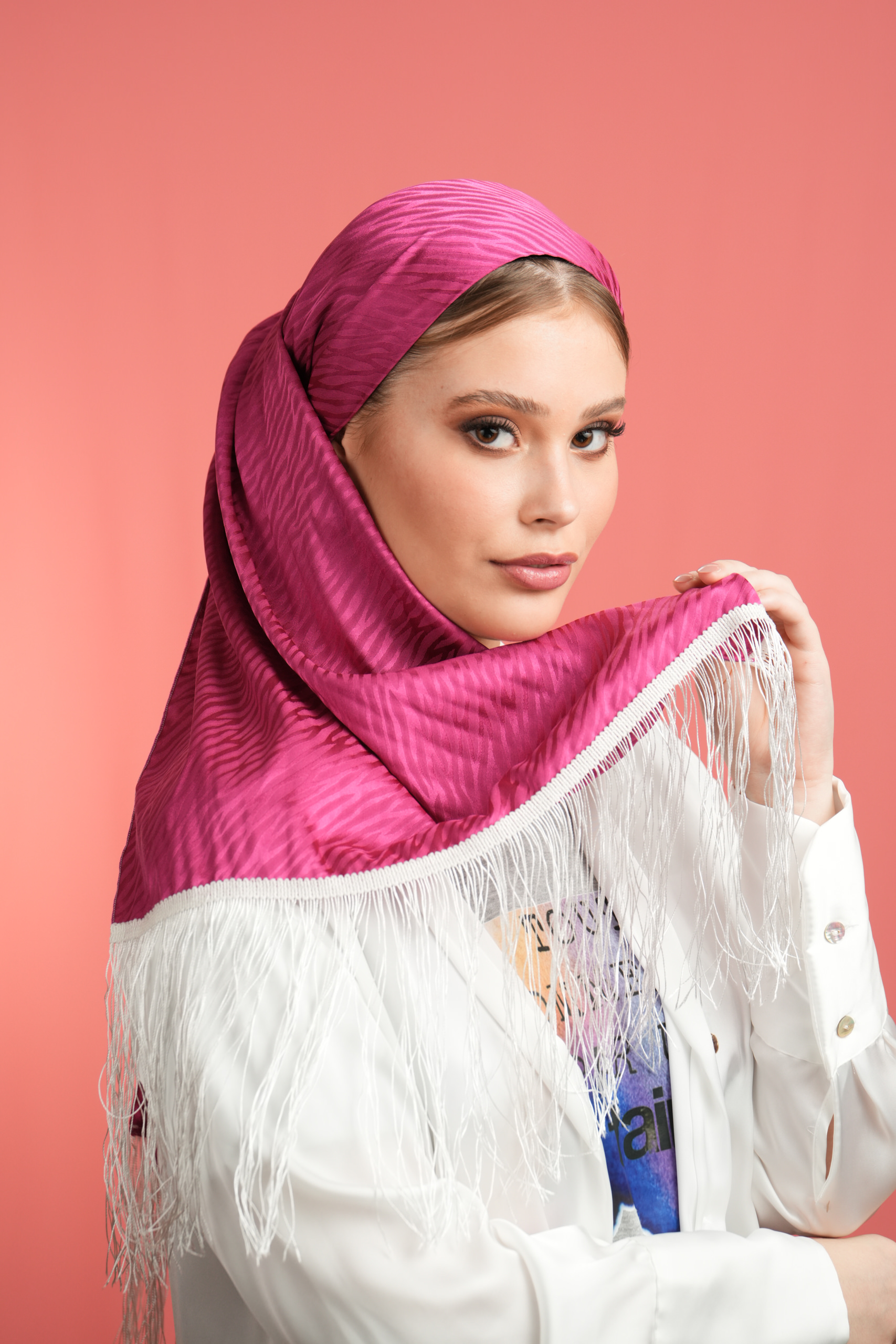 Long Pink headscarf with/without White fringes