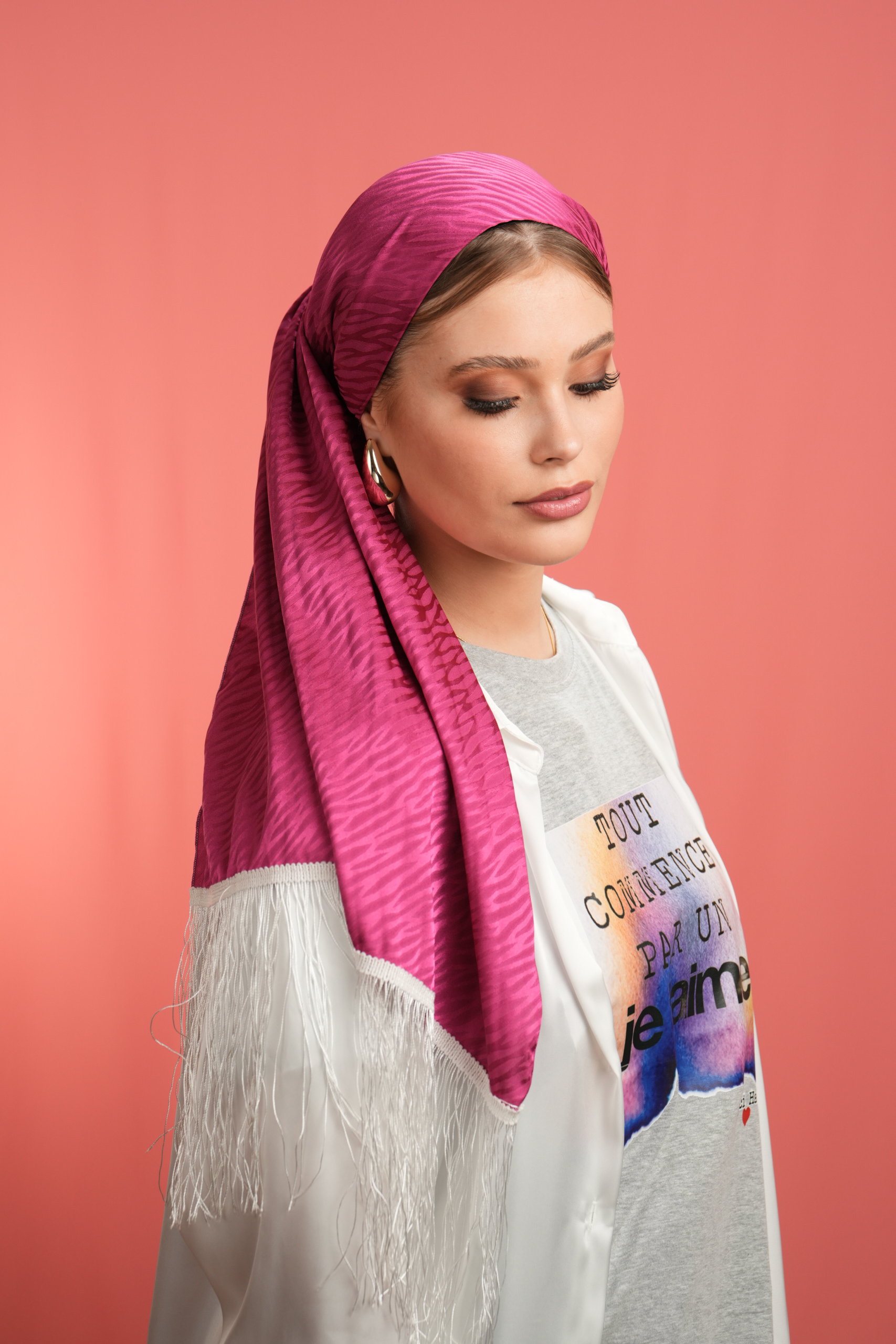 Long Pink headscarf with/without White or Black fringes