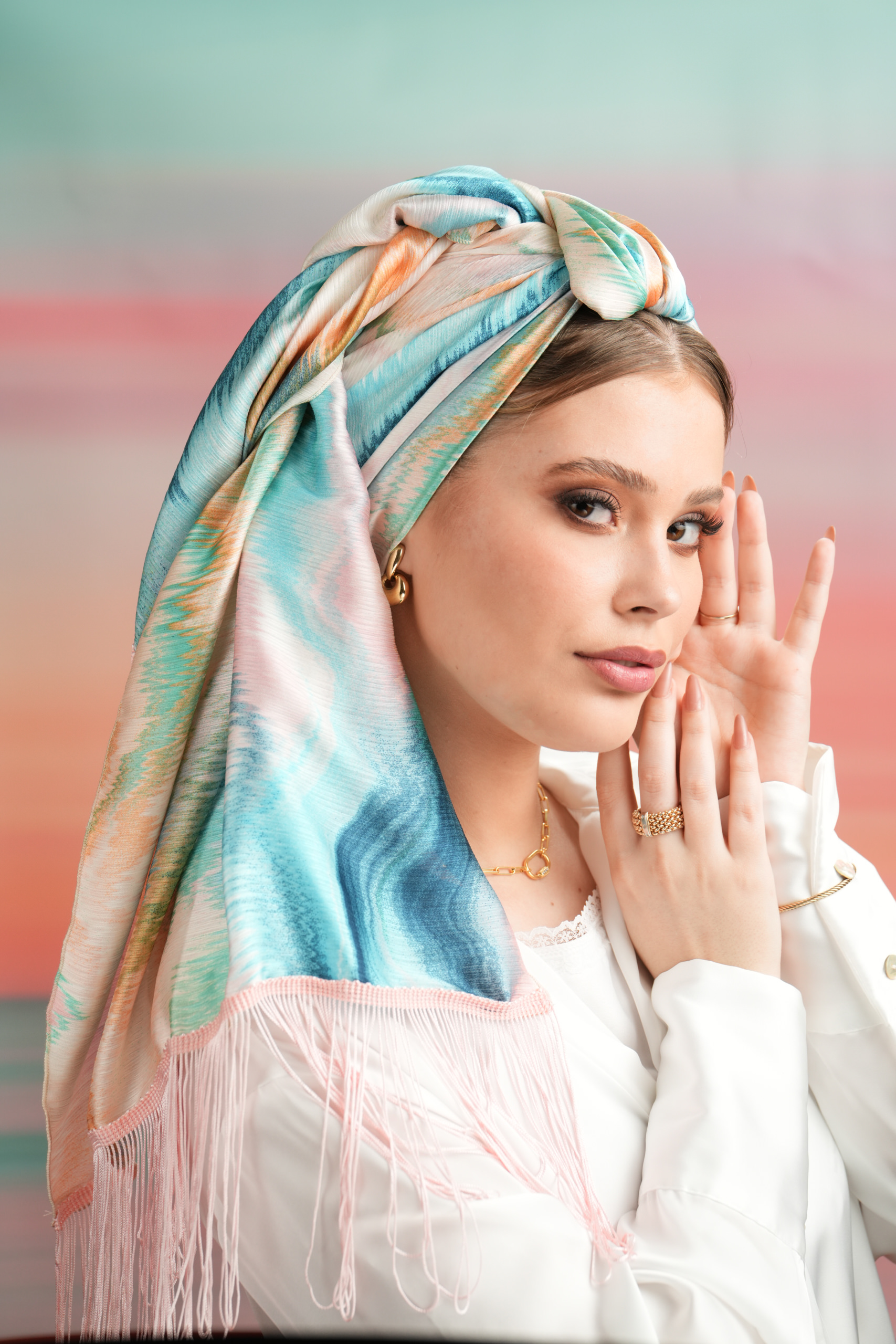 Printed Colorfull Headscarf with/without Light Pink fringes
