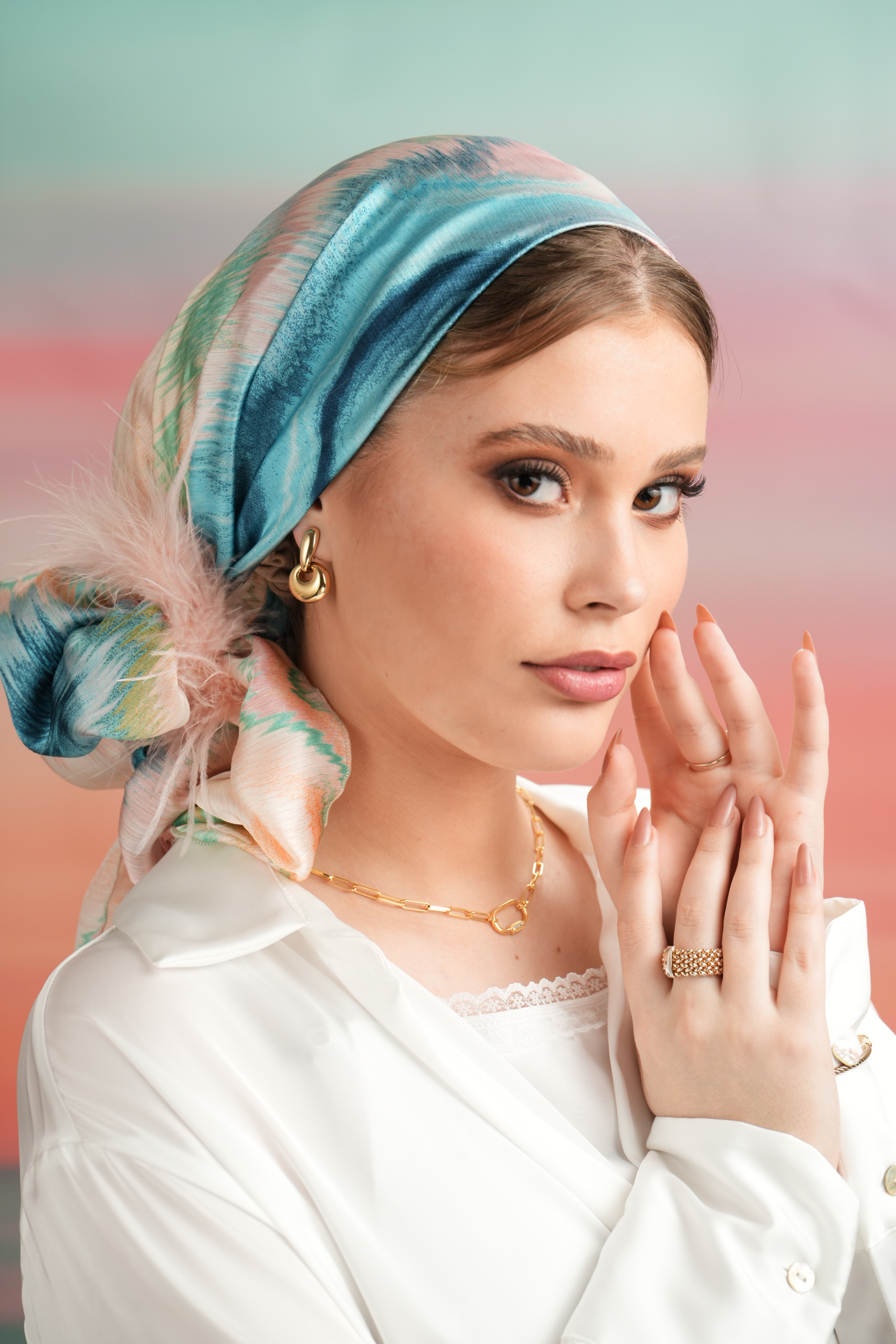 Printed Colorfull Headscarf with/without Light Pink fringes