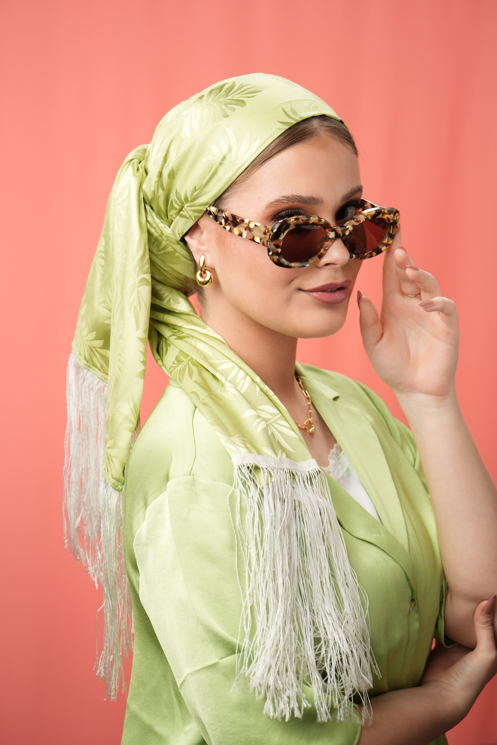 Long Green headscarf with/without White or Black fringes