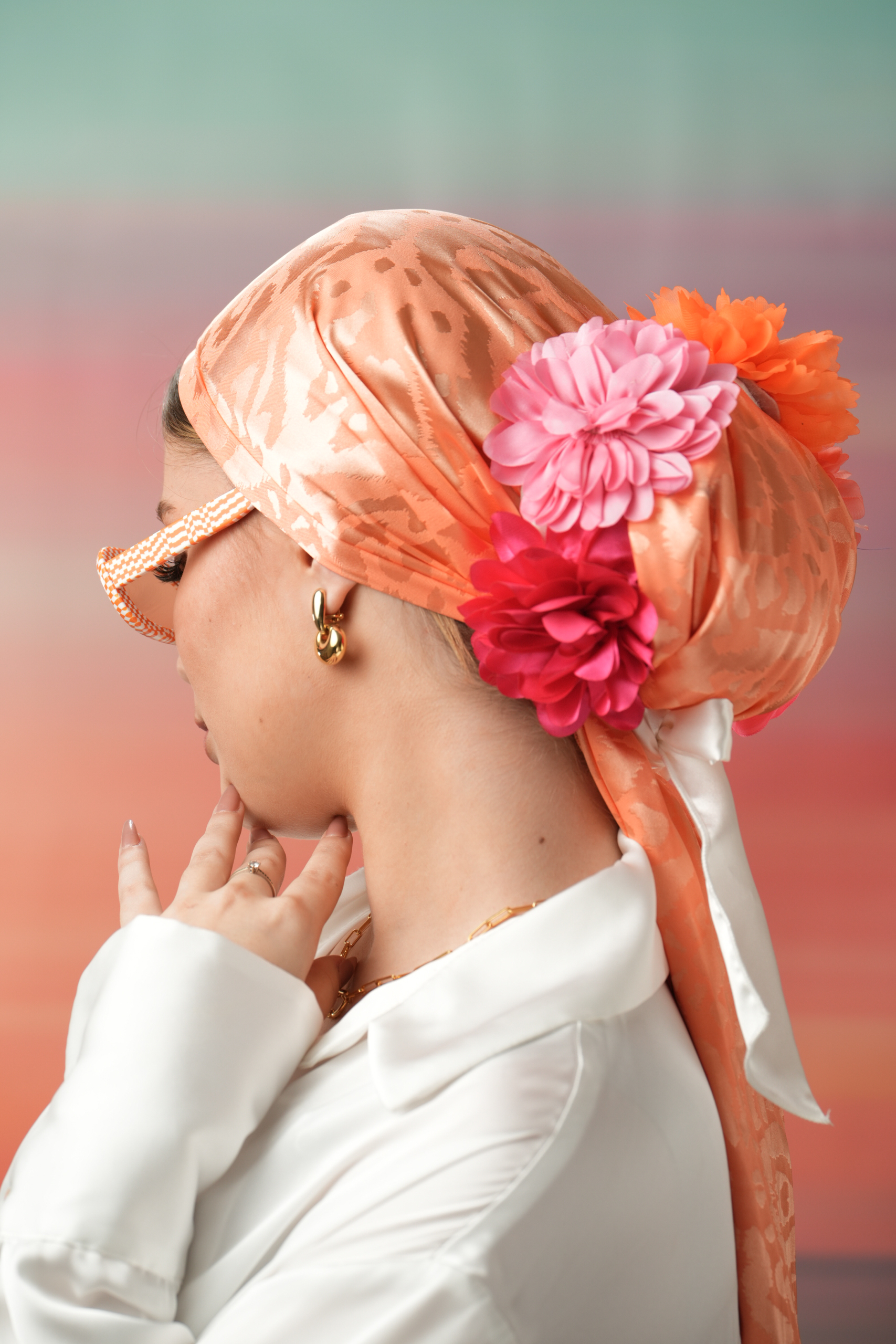 White Headband with pink & orange flowers (headscarf not included)