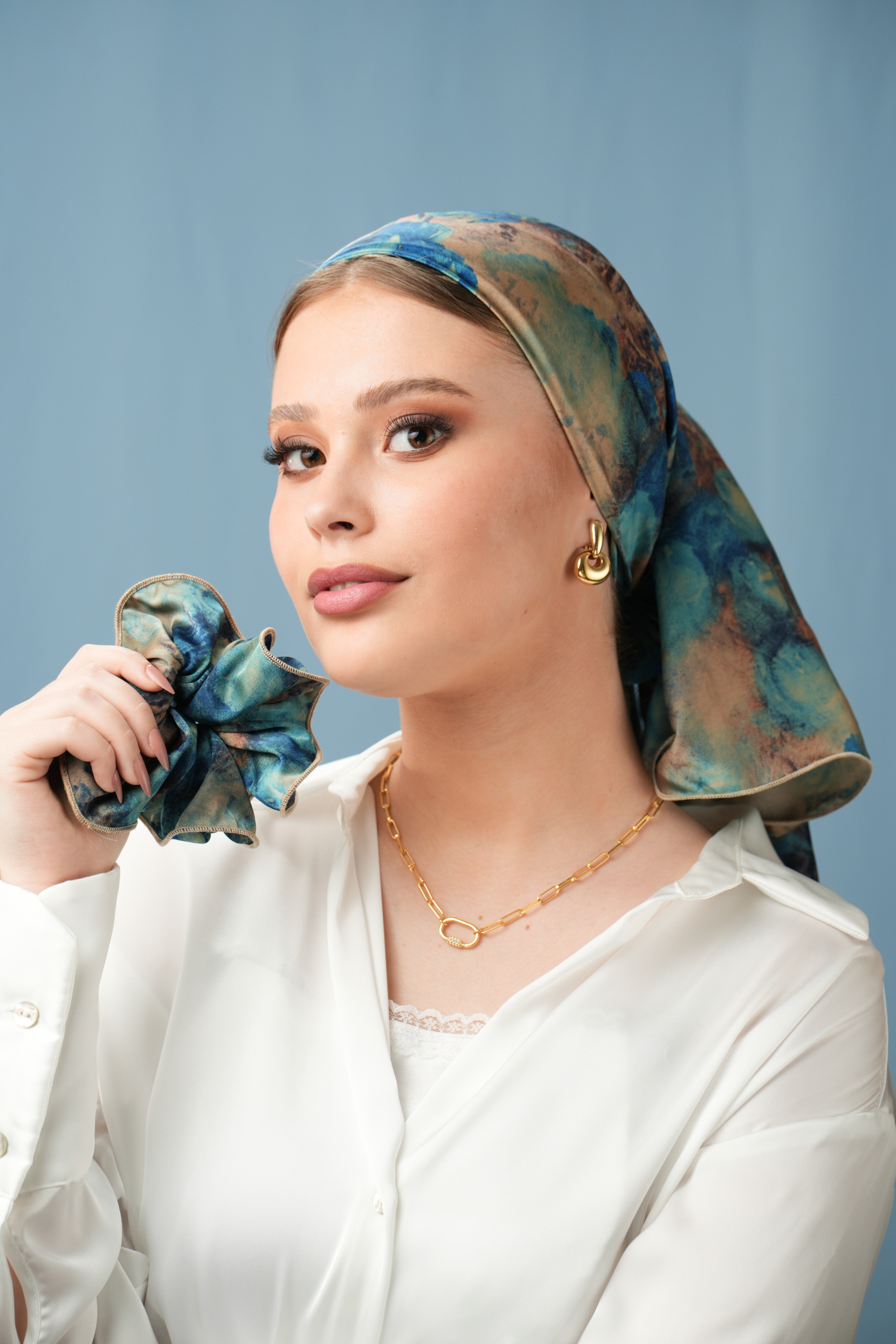 Blue Printed Headscarf with brown