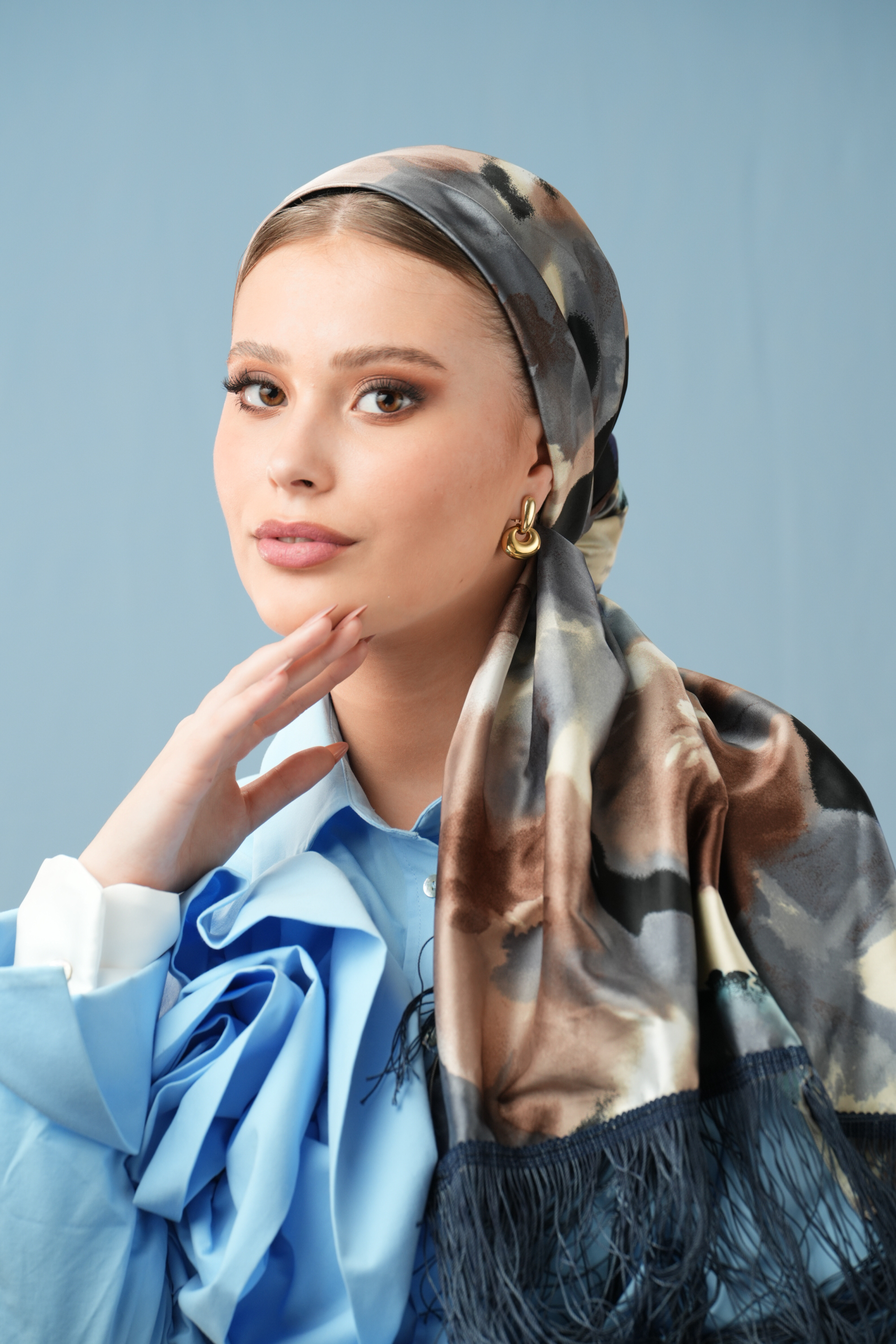 Printed Blue, Grey & Brown Headscarf with/without Dark Blue fringes