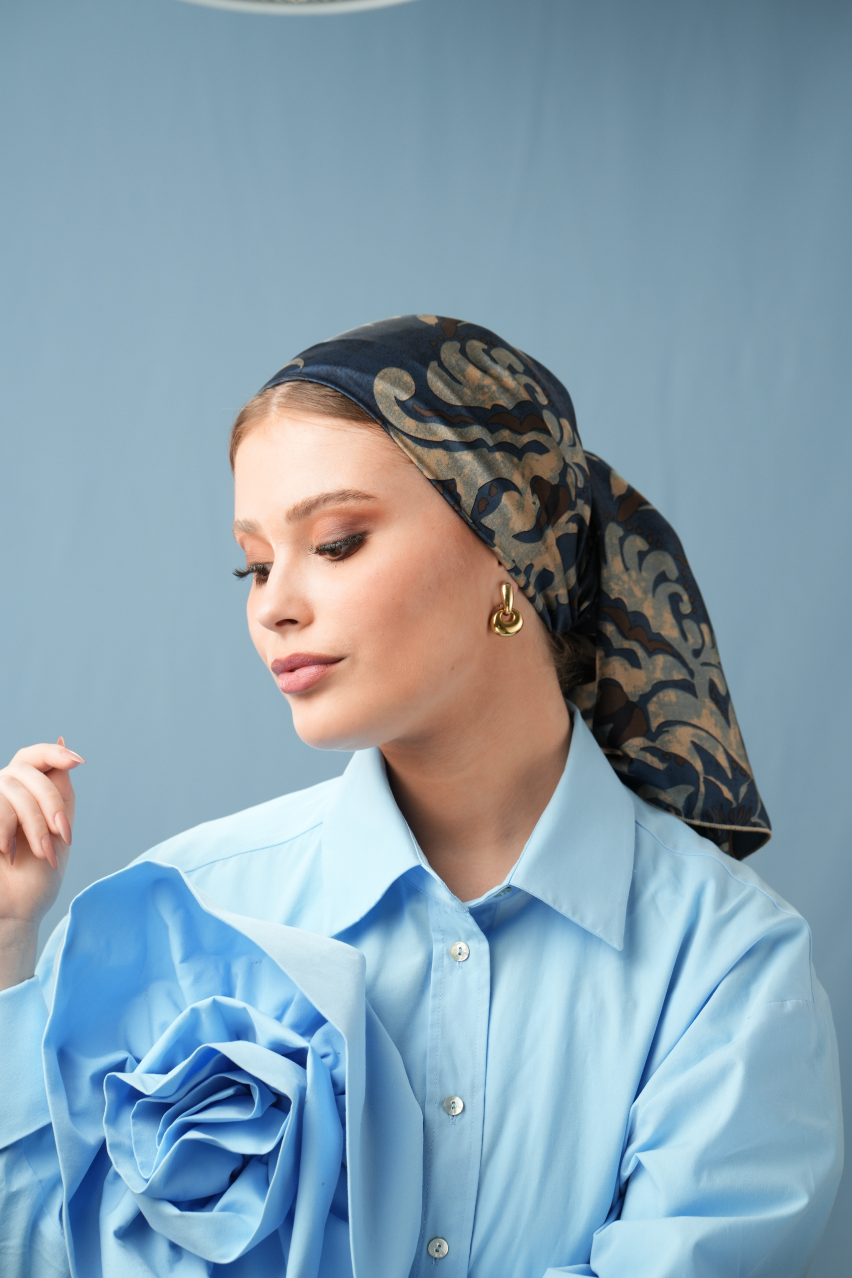 Blue Printed Headscarf with beige