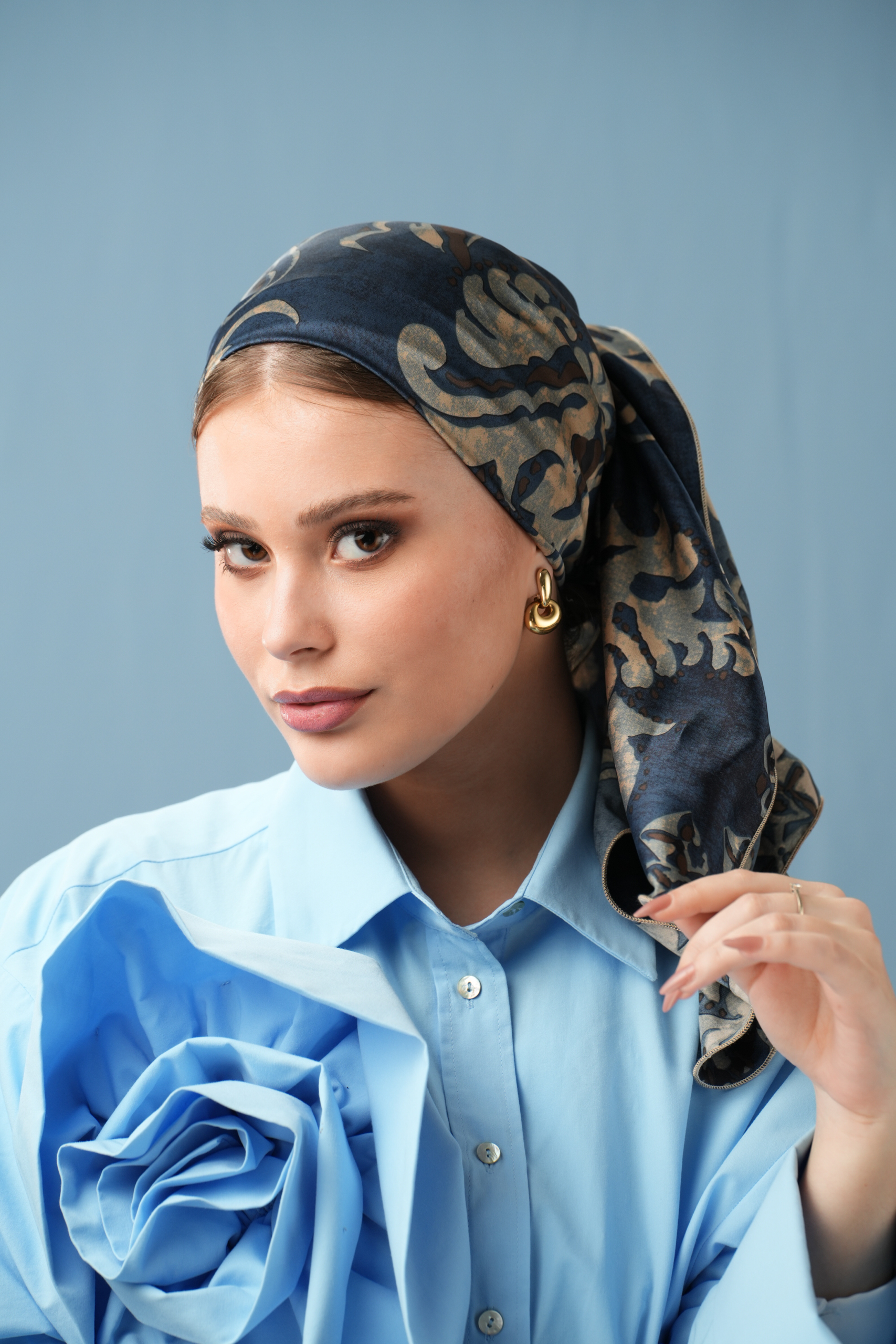 Blue Printed Headscarf with beige