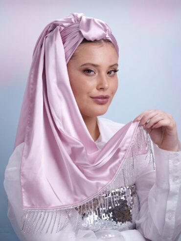 Long Light Pink Headscarf with silver fringes