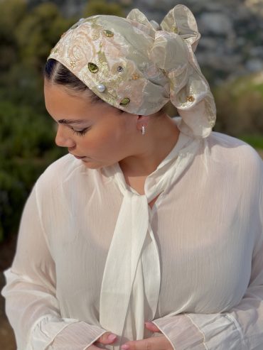 Peach and Light Green Headscarf with flowers with or without crystals