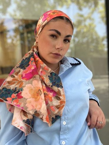 Printed Headscarf with Flowers Pink Blue Orange and Beige