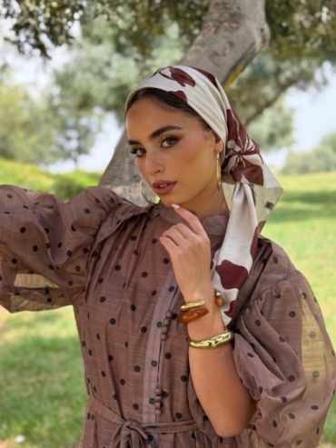 Printed Triangle headscarf Blue with Burgundy Flowers