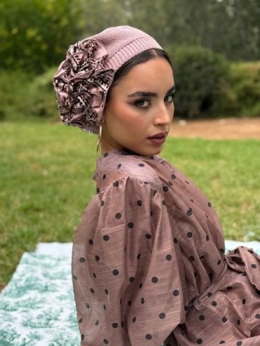 Pink Beret with Printed Pink and Brown Flower