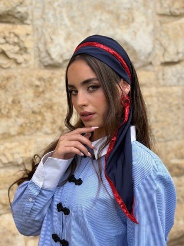 Dark Blue Triangle headscarf with Red Glitter Strip